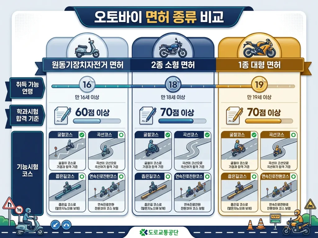 이륜차 면허 3종 응시연령 학과시험 기능시험 비교 인포그래픽 도로교통공단 2026
