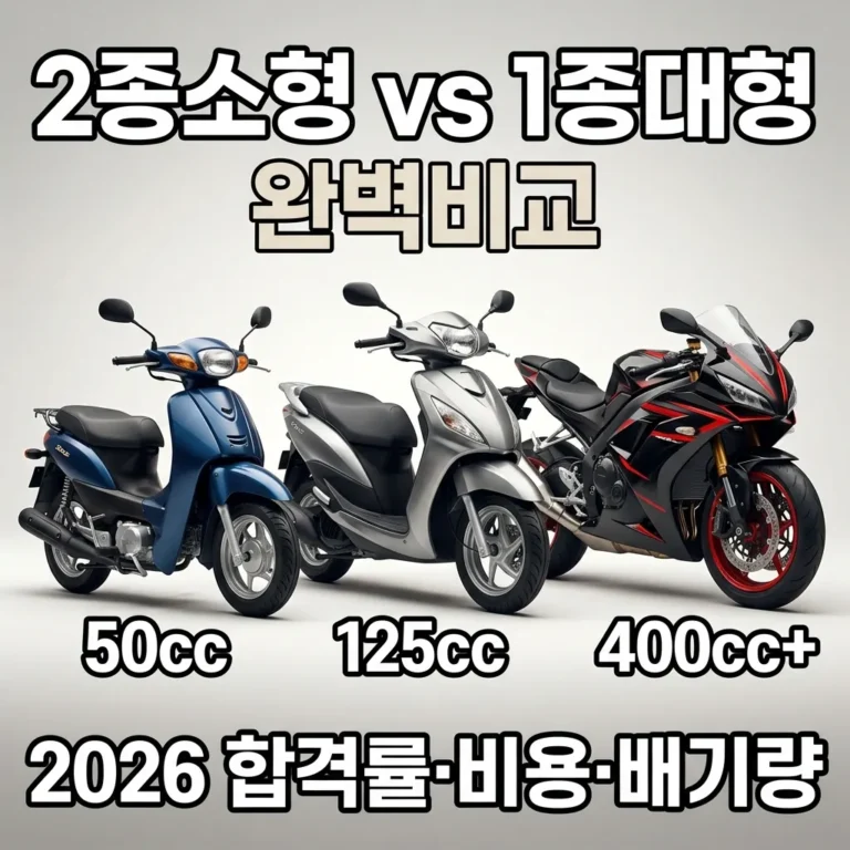 2종소형·1종대형·원동기 면허 차이 완벽 비교 (2026년 최신 기준 합격률·비용·배기량 총정리)