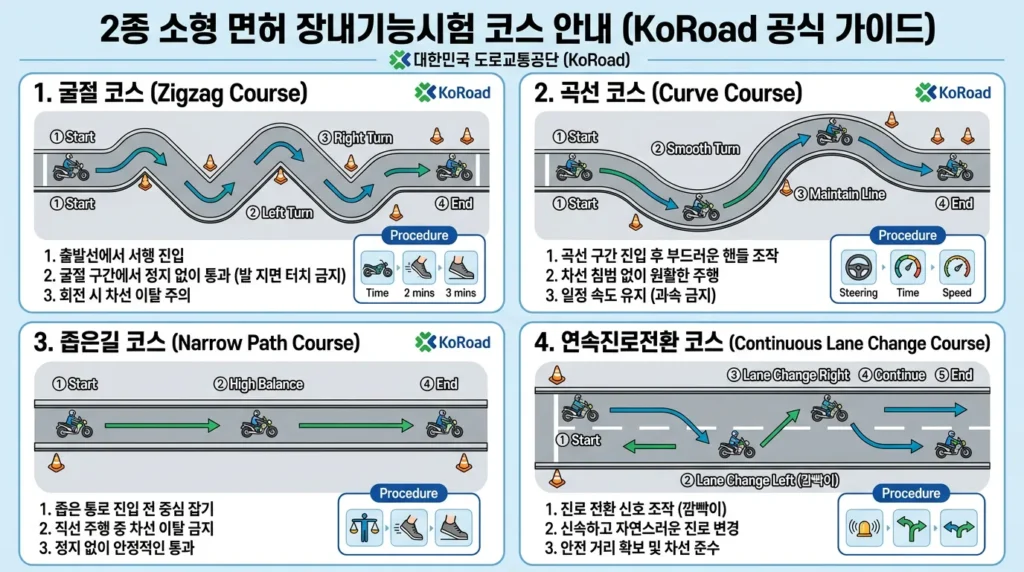 2종소형 면허 기능시험 4코스 굴절 곡선 좁은길 연속진로전환 단계별 통과 절차 가이드
