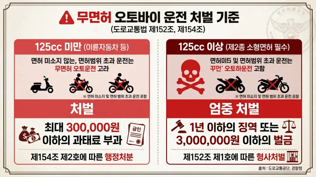 이륜차 면허 종류별 무면허 처벌 기준 도로교통법 벌금 징역 2026 인포그래픽