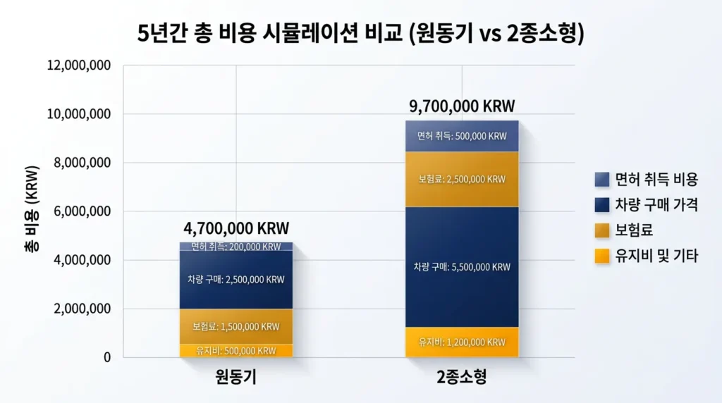 원동기 2종소형 면허 5년 총비용 시뮬레이션 차량가 보험료 정비비 비교 차트