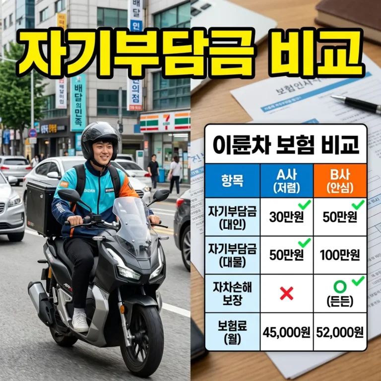 배달 라이더 유상운송보험 자기부담금 0원 vs 100만원 보험료 21% 차이