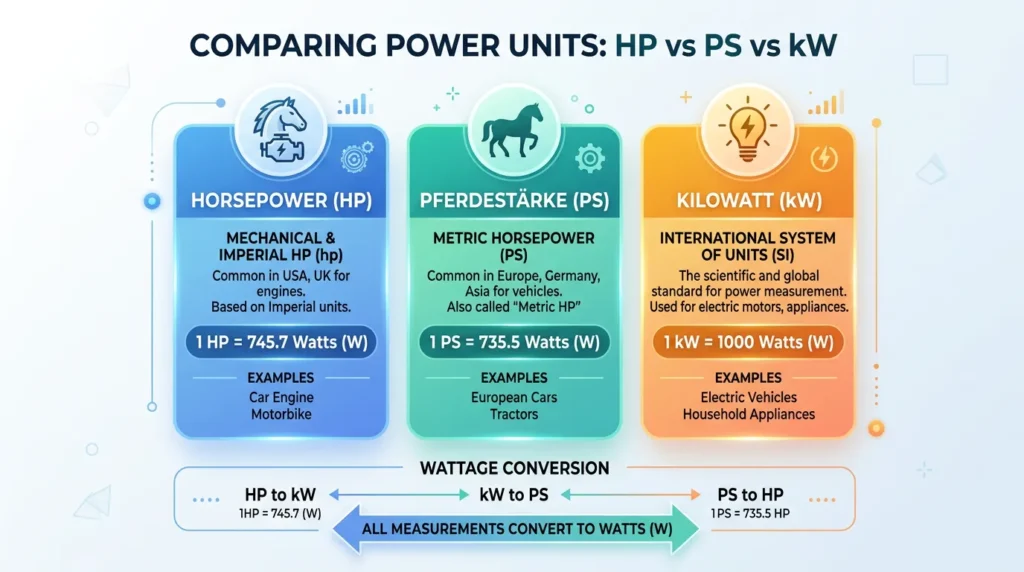 마력 단위 HP PS kW 차이 비교 인포그래픽