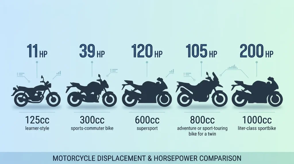 배기량별 오토바이 마력 비교 차트 125cc 250cc 1000cc