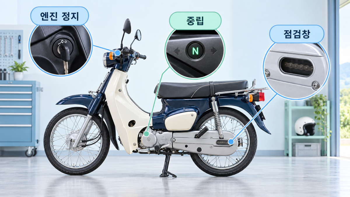 센터스탠드와 체인 점검창 위치